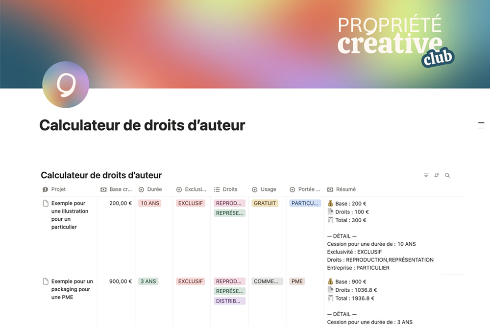 Calculateur de droits d'auteur graphiste - Notion